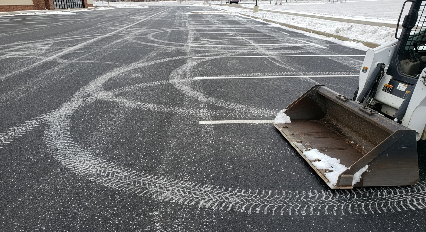 A cleared commercial parking lot in Wichita, Kansas after a winter snowstorm, with plowed snow pushed to the lot perimeter and drive lanes fully open. De-icing treatment is visible on the pavement surface near the building entrance.