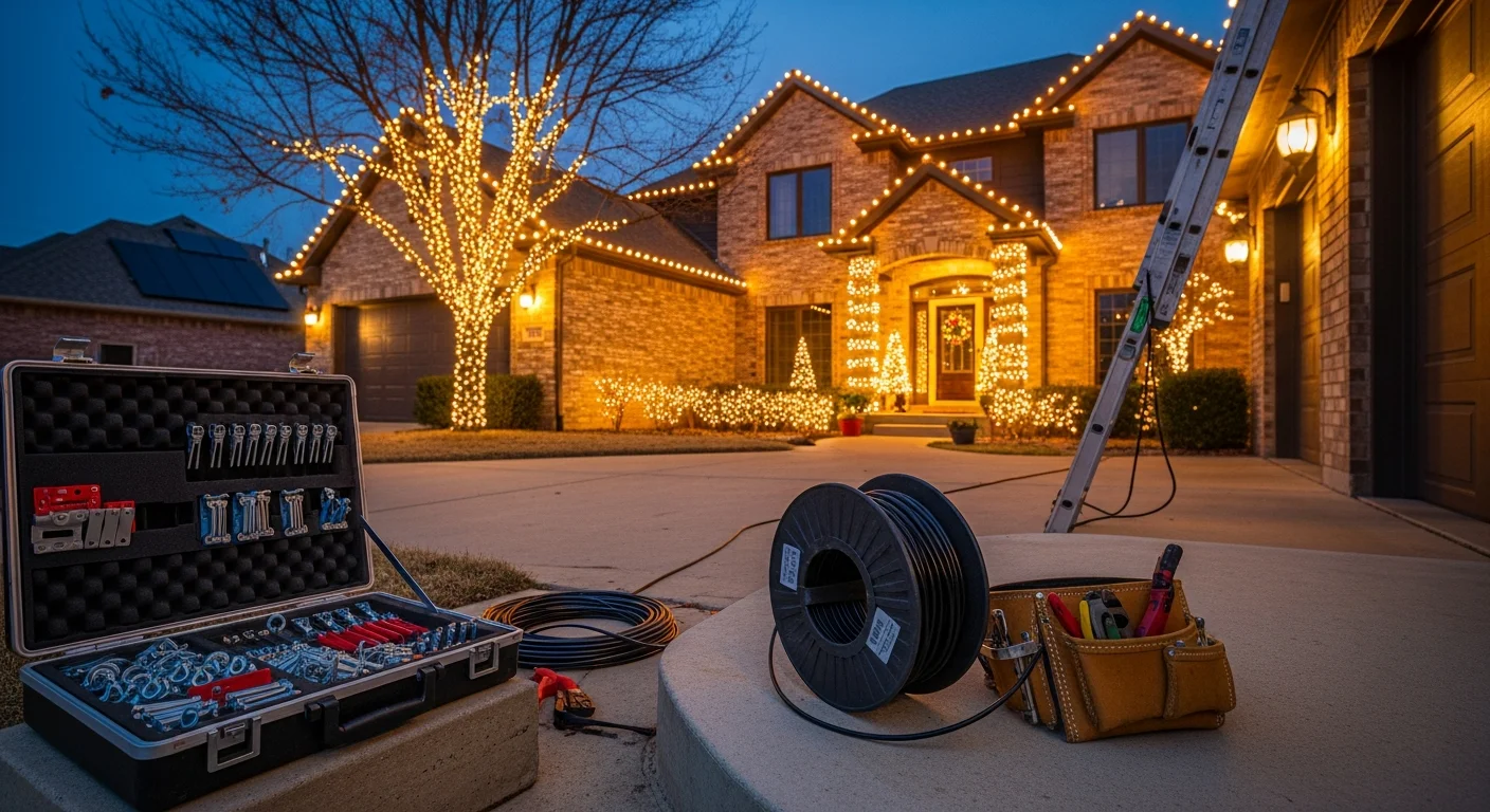 A Wichita residential home at dusk with professionally installed holiday lights along the roofline, wrapped trees in the front yard, and lit walkway leading to the front door. Stellar Lawn Care LLC seasonal light design displayed on a single-story home with mature landscaping.