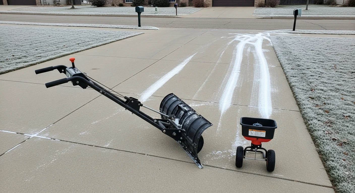 A cleared residential driveway and sidewalk in Wichita, Kansas after a winter snowstorm, with snow pushed to the edges and the walkway fully accessible. A Stellar Lawn Care LLC crew works in the background on ice management near the front steps.