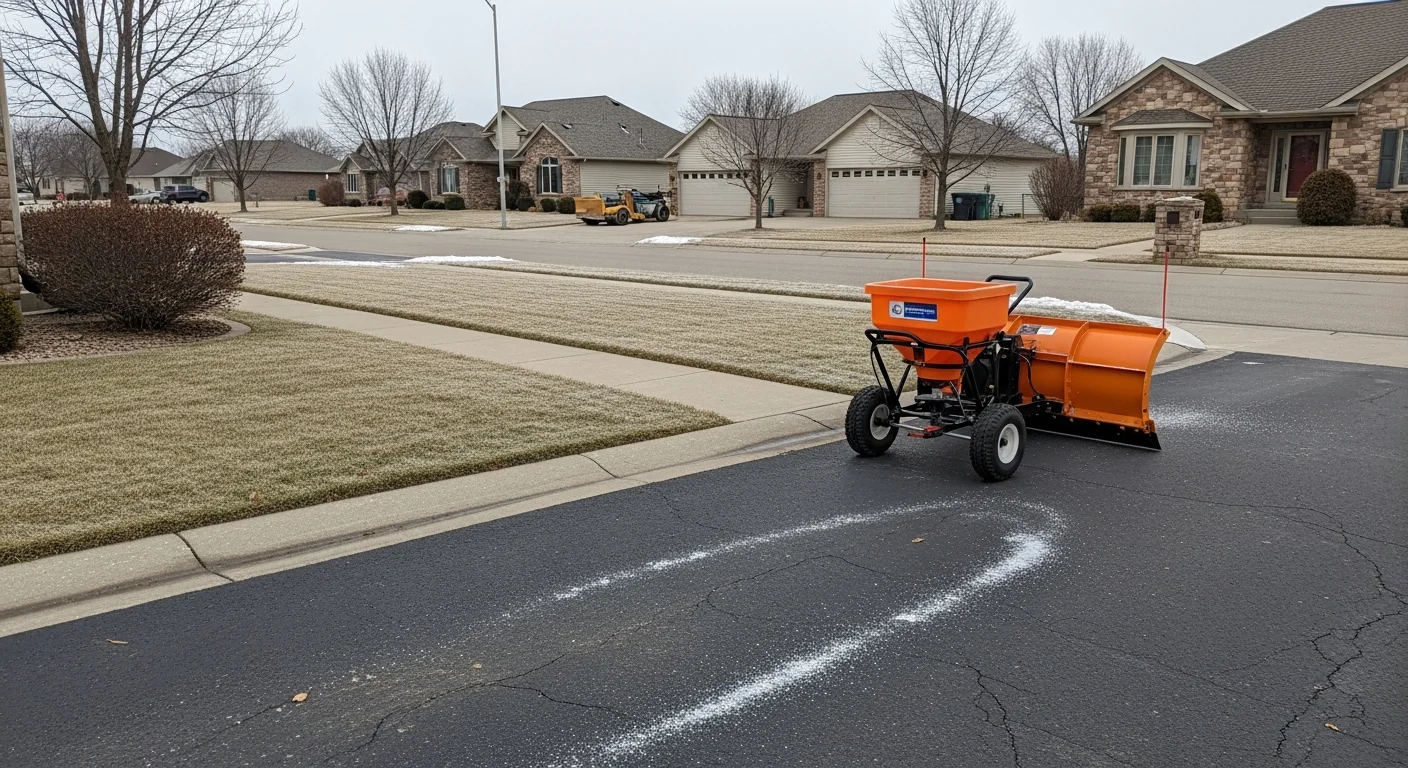 A cleared residential driveway and adjacent sidewalk in Wichita after a winter storm, with snow pushed to the edges and no visible ice on the walking surface. A snow removal crew from Stellar Lawn Care LLC works the property in cold, overcast Kansas winter conditions.